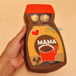 Archivo digital para recortar y armar caja en forma de café con soporte de chocolates incluye mamá y papá