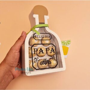 Archivo digital para recortar y armar caja en forma de botella de tequila con soporte de chocolates, incluye letras