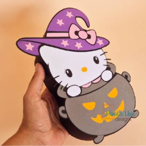 Archivo digital para recortar y armar caja en forma de gatita Halloween