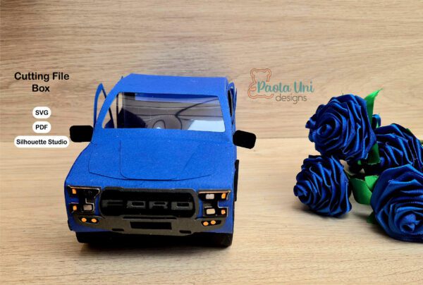 Archivo para recortar y armar caja en forma de camioneta doble cabina, svg, sttudio, pdf