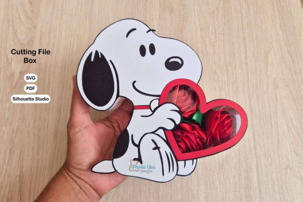 Archivo para recortar y armar caja en forma de snoopy cricut svg, pdf, studio instrucciones en ingles y español