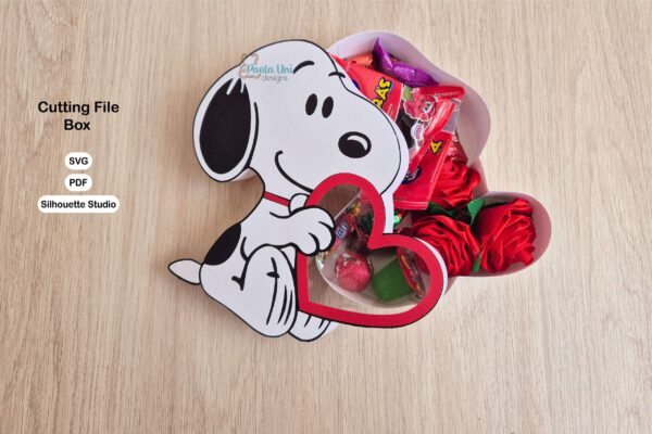 Archivo para recortar y armar caja en forma de snoopy cricut svg, pdf, studio instrucciones en ingles y español
