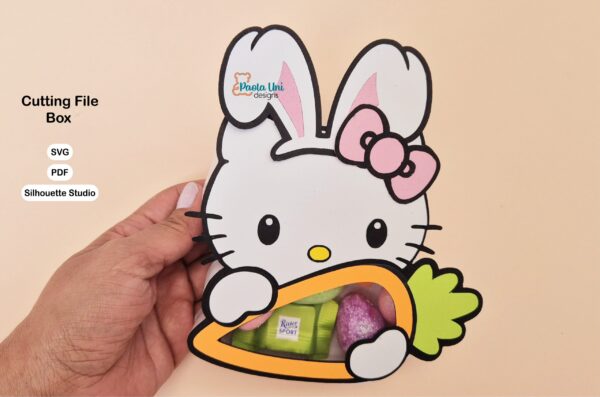 Archivo digital para recortar y armar caja en forma de kitty pascua