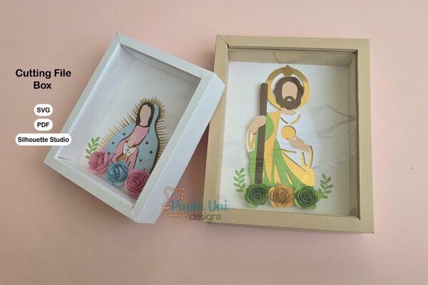 Archivo para recortar y armar shadow box incluye virgen de Guadalupe y san Judas PDF, Studio, SVG