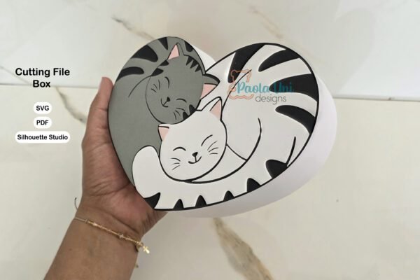 Archivo para recortar y armar caja en forma de corazón con diseño de gatos - Imagen 2