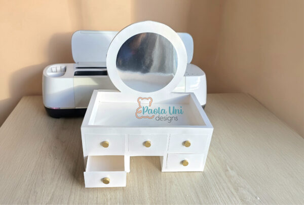 Archivo para recortar y armar Vanity, dos cajones funcionales, utiliza cartulina minimo de 200 libras y cartulina espejo