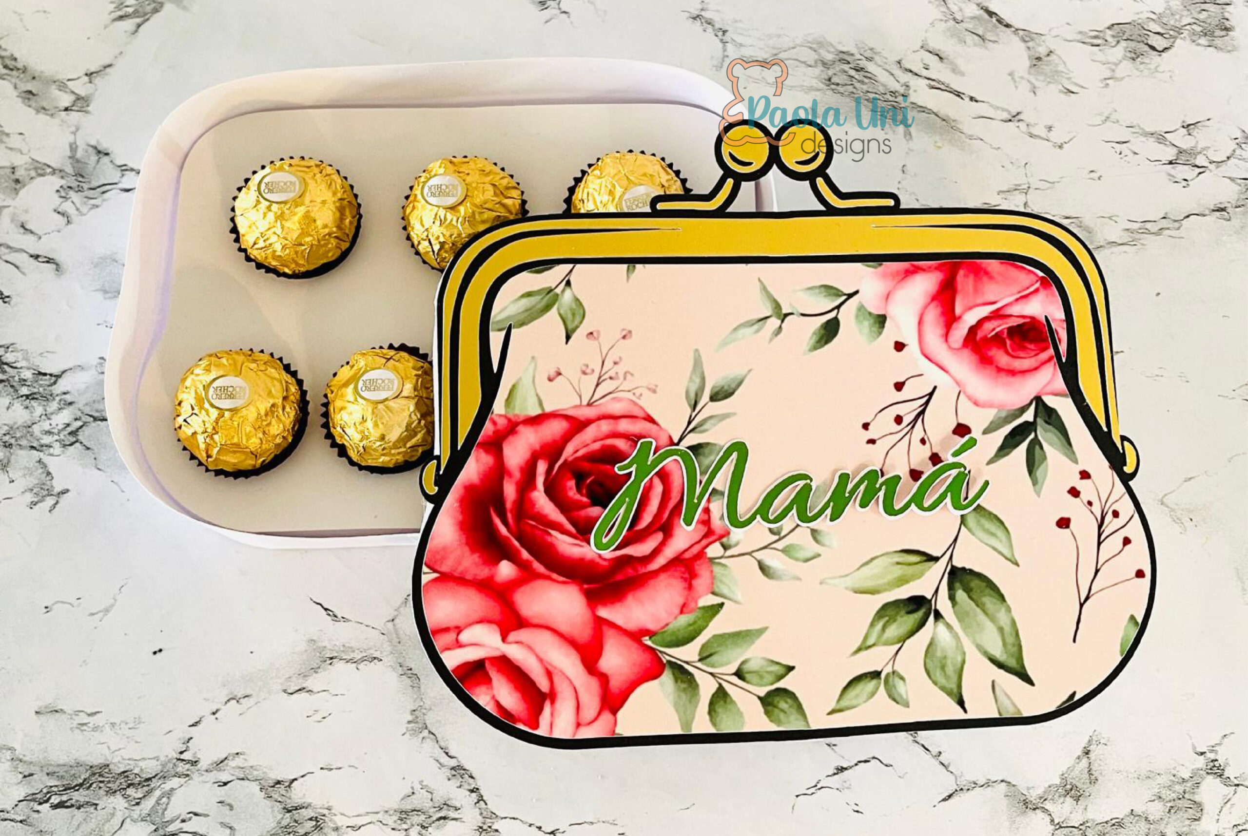 Archivo para recortar y armar caja en forma de monedero con soporte de chocolates