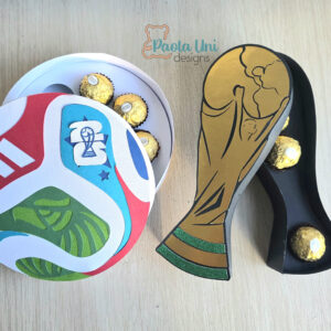 Archivo para recortar y armar 2 cajas, en forma de balón y copa, pdf, scg cricut, silhouette cameo, incluye soporte de chocolates